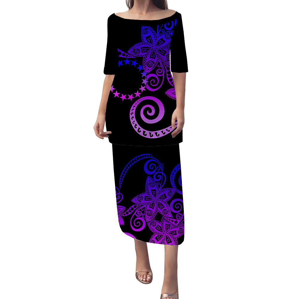 Black pulletasi dress with purple and blue tribal star and swirl print, elbow sleeves