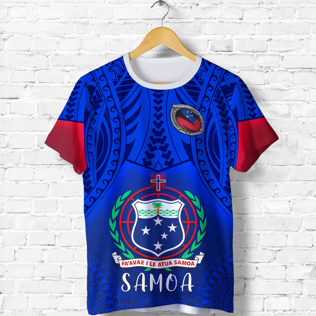 Blue Samoa rugby T-shirt with red sleeves and front crest, cross and 'Samoa' text
