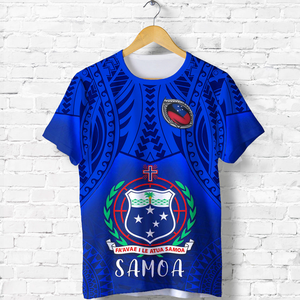 Blue rugby T-shirt with crew neck, short sleeves, tribal pattern, Samoa crest and text