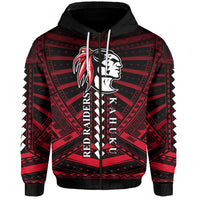 Black zip hoodie with red tribal print and Red Raiders logo, visible center zipper, hood strings