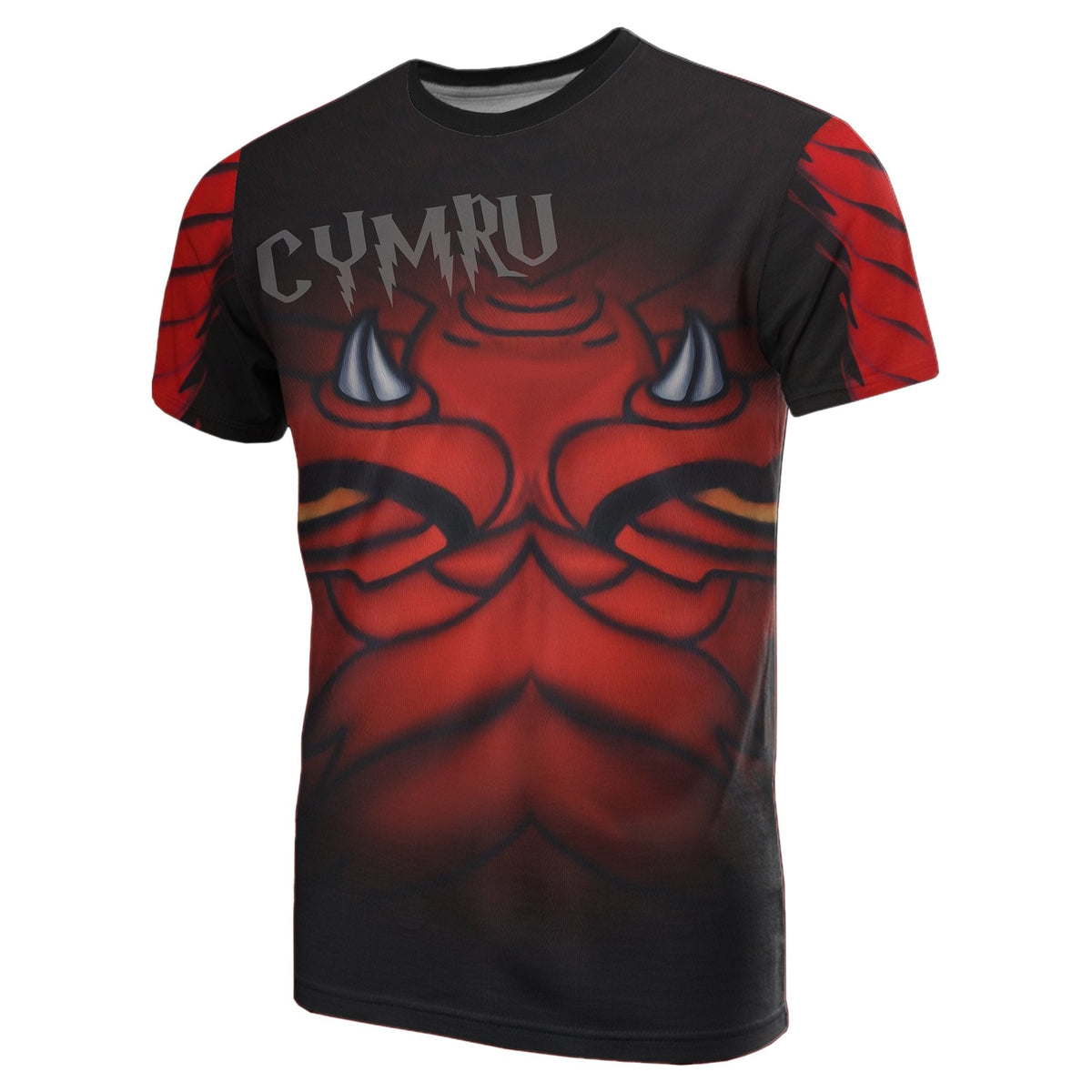 Black T-shirt with red Welsh dragon print and "CYMRU" across the chest