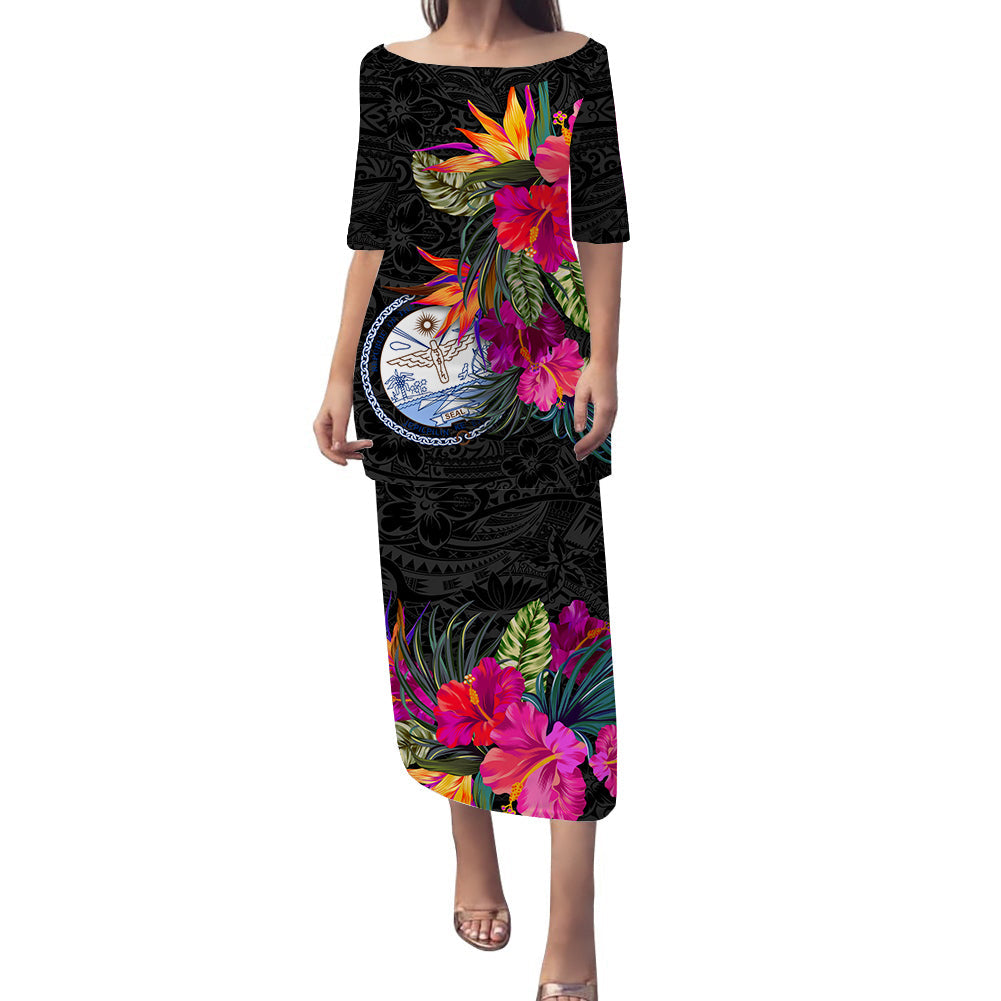 Long black off-shoulder dress with tropical hibiscus and leaf print, midi length