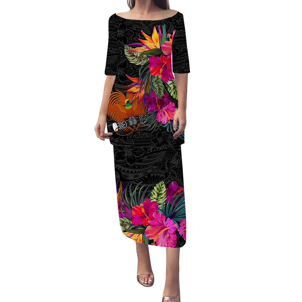 Black long dress with hibiscus and leaf print, elbow sleeves, off-shoulder neckline