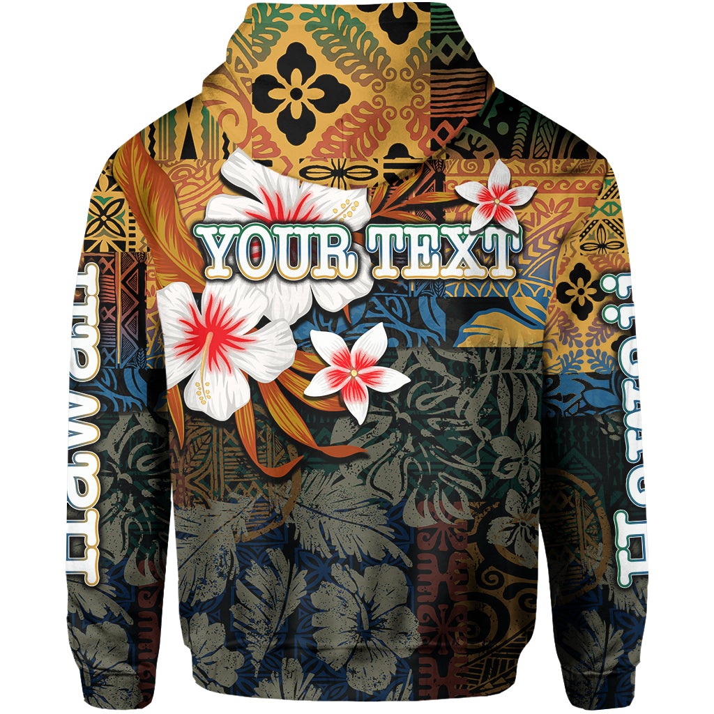 Custom Hawaii fish hook hoodie, yellow with white/red flowers and dark tribal pattern