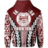 Maroon zip hoodie back: school seal logo, tribal pattern, and “YOUR TEXT”