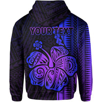 Back purple hoodie with “YOUR TEXT” and large Polynesian hibiscus graphic in blue