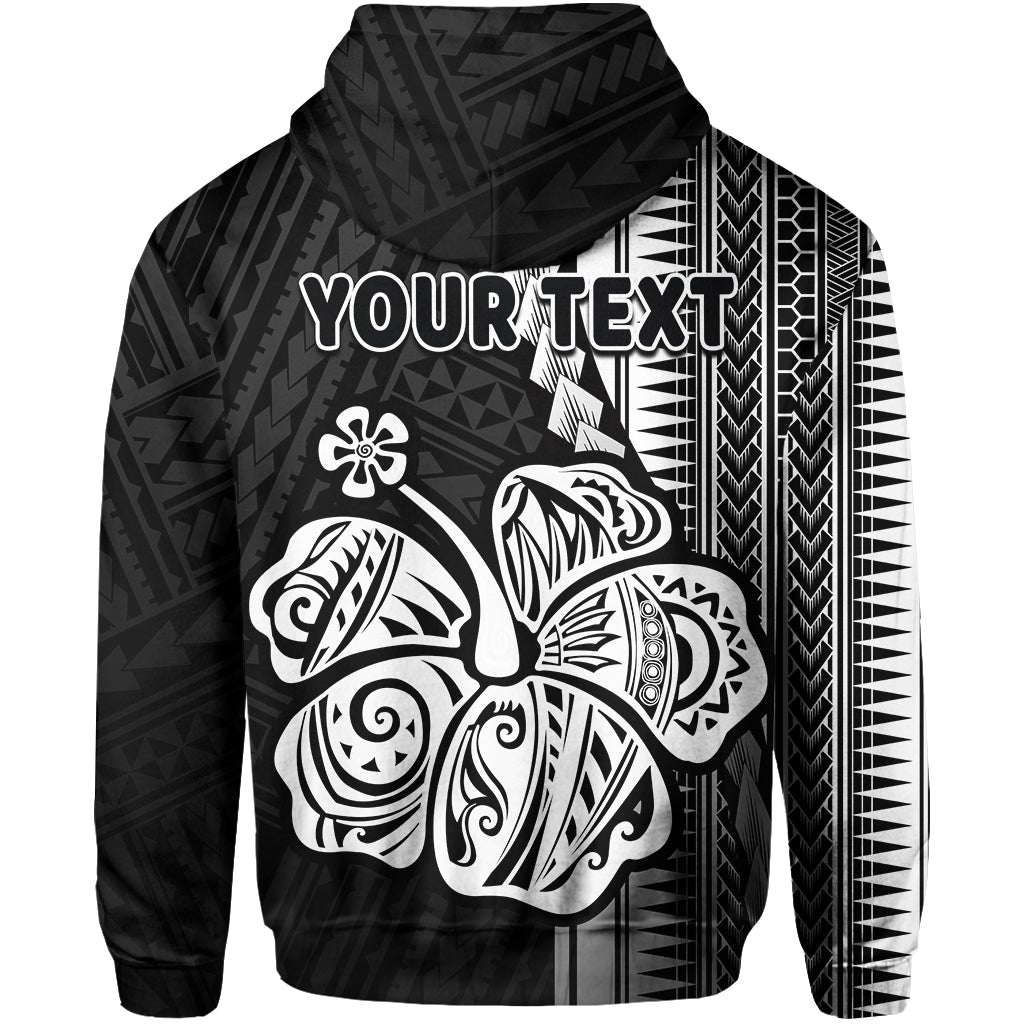Black hoodie back, large white hibiscus tribal print with 'YOUR TEXT' lettering