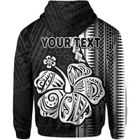 Black hoodie back, large white hibiscus tribal print with 'YOUR TEXT' lettering
