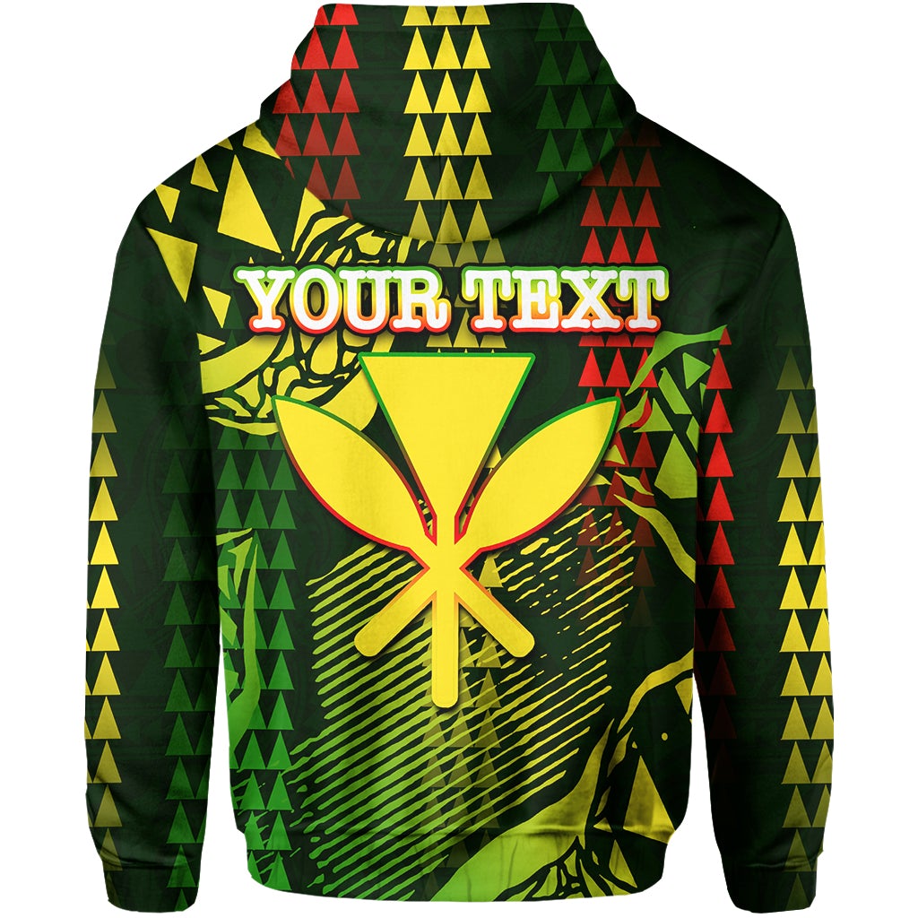 Hawaii Kanaka map pullover hoodie, dark green, back “YOUR TEXT” graphic, hood