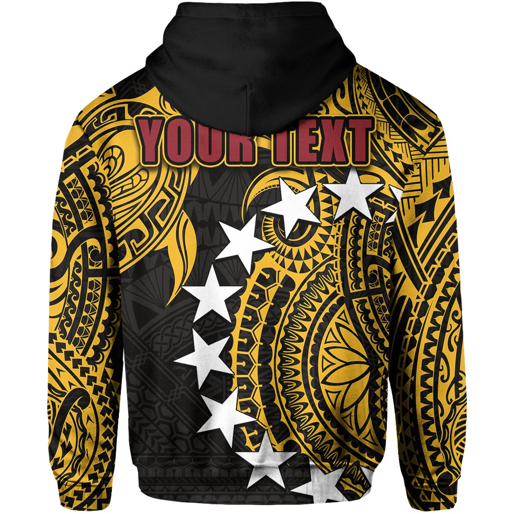 Back view black zip hoodie with yellow tribal design and large white star graphic