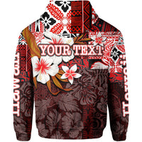 Red zip hoodie back with "YOUR TEX" text and hibiscus flowers