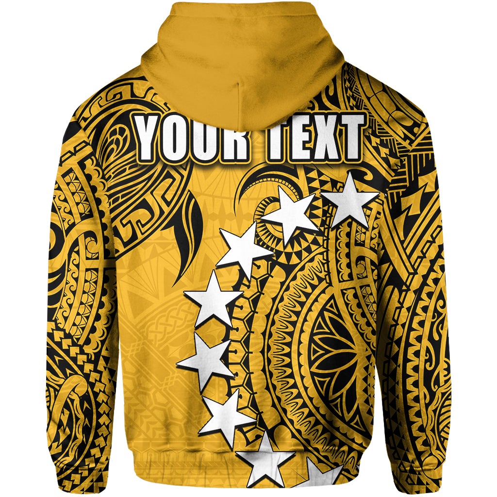 Yellow hoodie with back print reading “YOUR TEXT” and star pattern