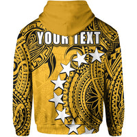Yellow hoodie with back print reading “YOUR TEXT” and star pattern