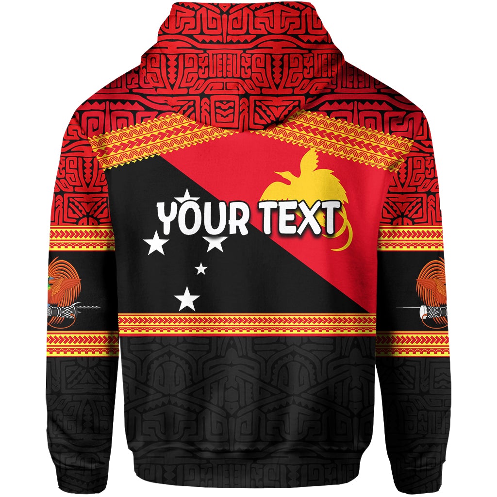 Red hoodie with flag design and “YOUR TEXT” on the chest, patterned sleeves