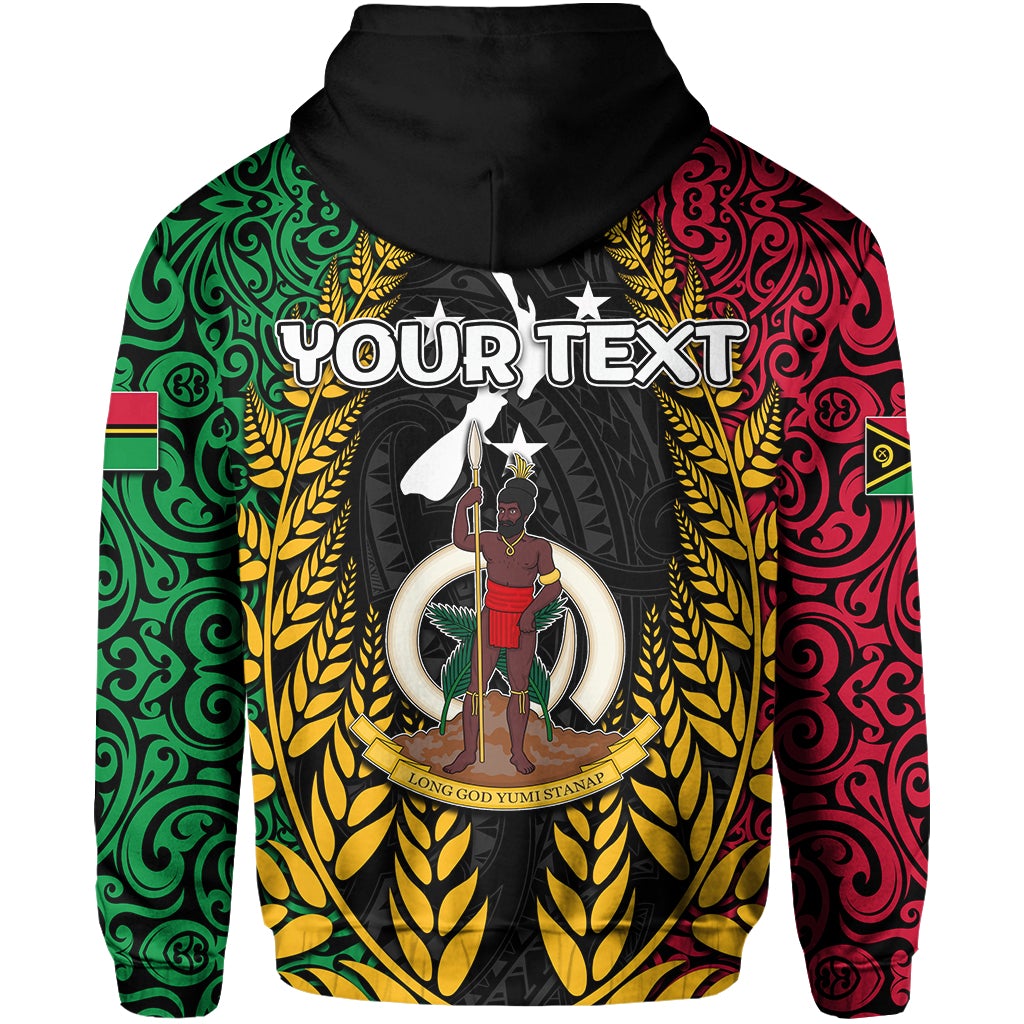 Zip hoodie with large chest graphic; black hood and red/green patterned sleeves