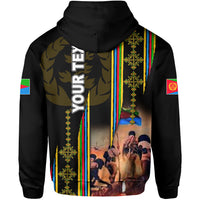 Black hoodie back print with vertical emblem, striped panel and crowd scene