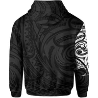 Black hoodie back with swirling Polynesian patterns and matching right-sleeve print