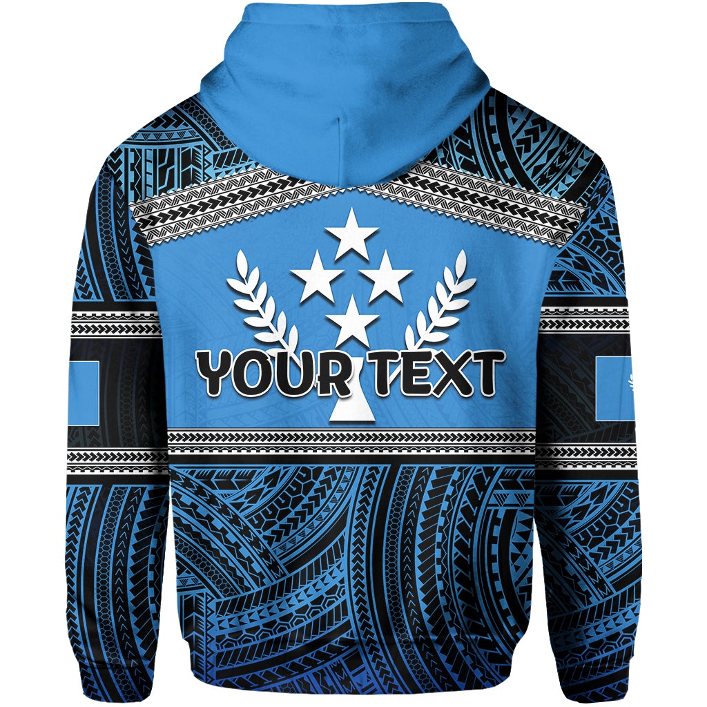 Blue pullover hoodie with Polynesian pattern and 'YOUR TEXT' graphic on front