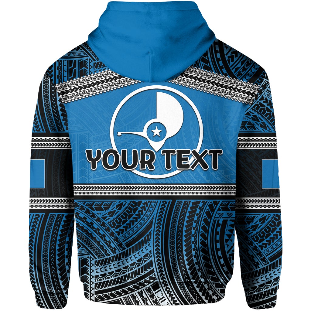 Blue pullover hoodie with Polynesian pattern print and Your Text chest graphic