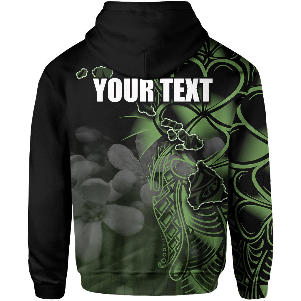 Hoodie-Rückseite mit grünem Inselprint und „YOUR TEXT“-Platzhalter, Kapuze