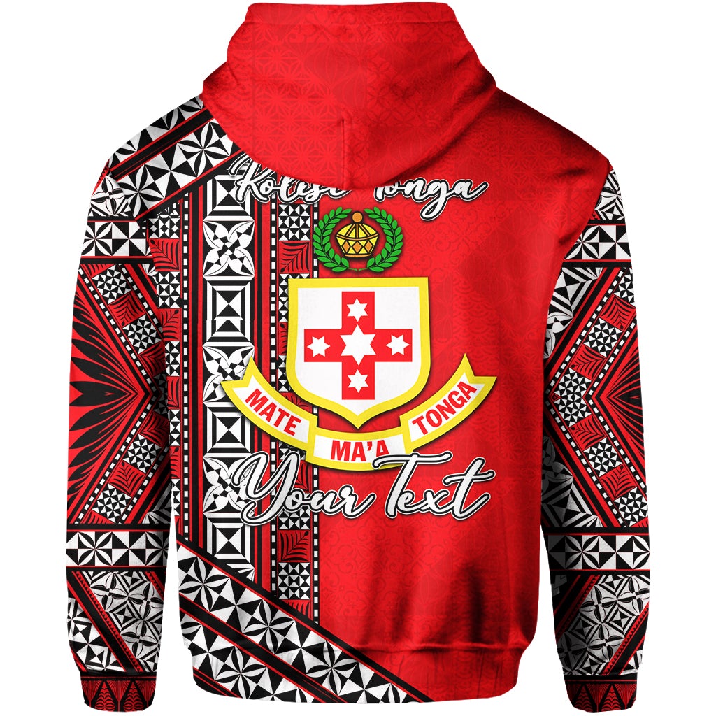 Red hoodie back with Tonga crest and “Your Text” graphic, geometric sleeves