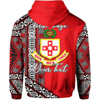 Red hoodie back with Tonga crest and “Your Text” graphic, geometric sleeves