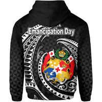 Black pullover hoodie back view: Emancipation Day text and crest graphic