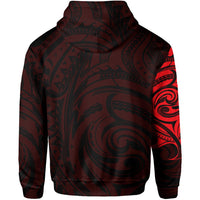 Red zip hoodie back with large Polynesian swirl pattern and hood