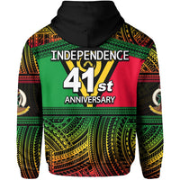 Black hoodie with INDEPENDENCE 41st ANNIVERSARY text, green/yellow/red tribal pattern