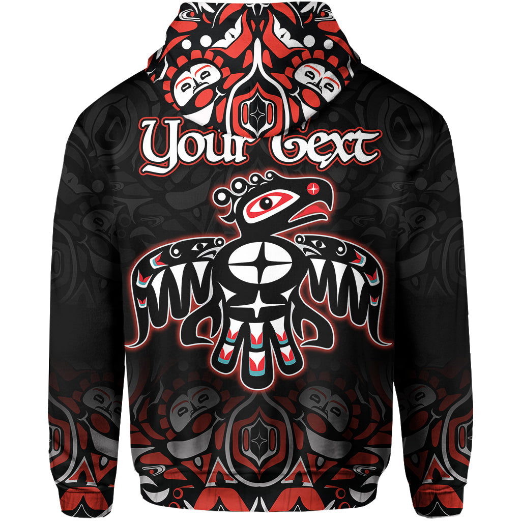 Black hoodie back with “Your Text” and Thunderbird graphic, red/white tribal design
