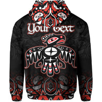 Black hoodie back with “Your Text” and Thunderbird graphic, red/white tribal design