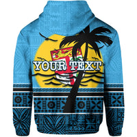Blue hoodie back: yellow sun, Your Text banner, lion crest, palm tree graphic