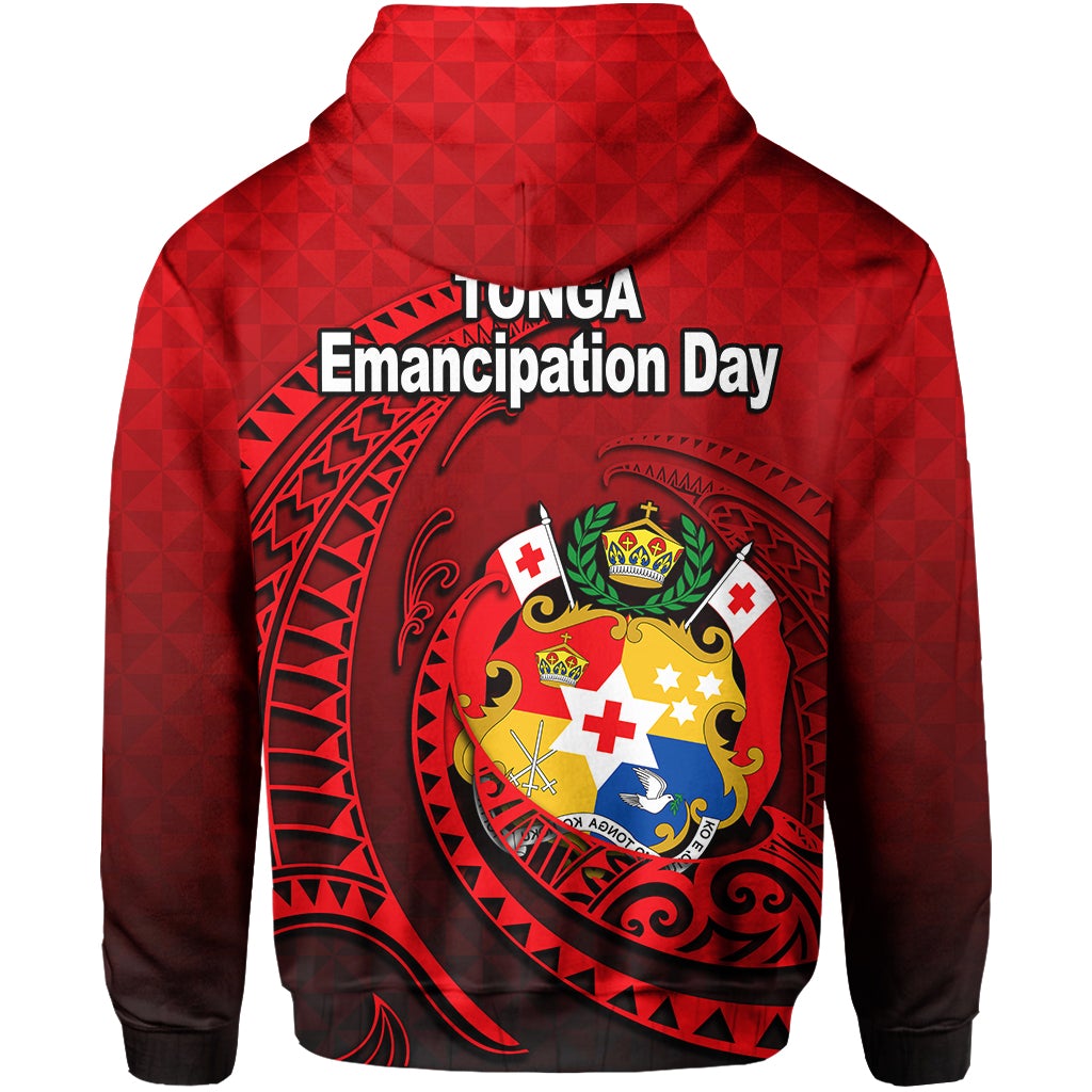 Red pullover hoodie with 'Tonga Emancipation Day' print on back