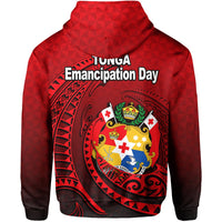 Red pullover hoodie with 'Tonga Emancipation Day' print on back