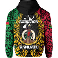 Zip hoodie back shows AOTEAROA text, central emblem, stars and colorful tribal pattern