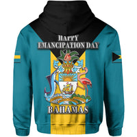 Blue hoodie back with Happy Emancipation Day text and Bahamas crest graphic