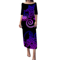 Black long dress with purple-blue Polynesian floral tribal print and 3/4 sleeves