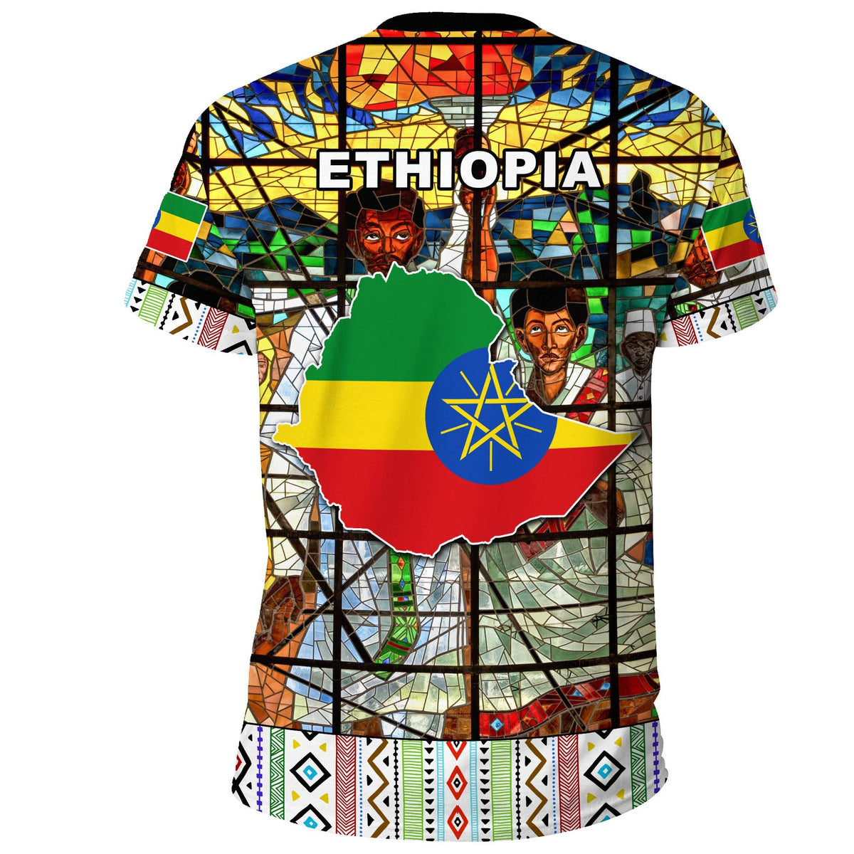 Multicolor T-shirt with 'ETHIOPIA' text, map and Ethiopian Orthodox mosaic, black crew neck.