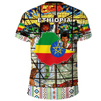 Multicolor T-shirt with 'ETHIOPIA' text, map and Ethiopian Orthodox mosaic, black crew neck.