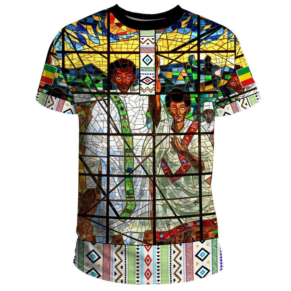 Multicolor T-shirt with Ethiopian flag mosaic and face graphic, black crew neck.