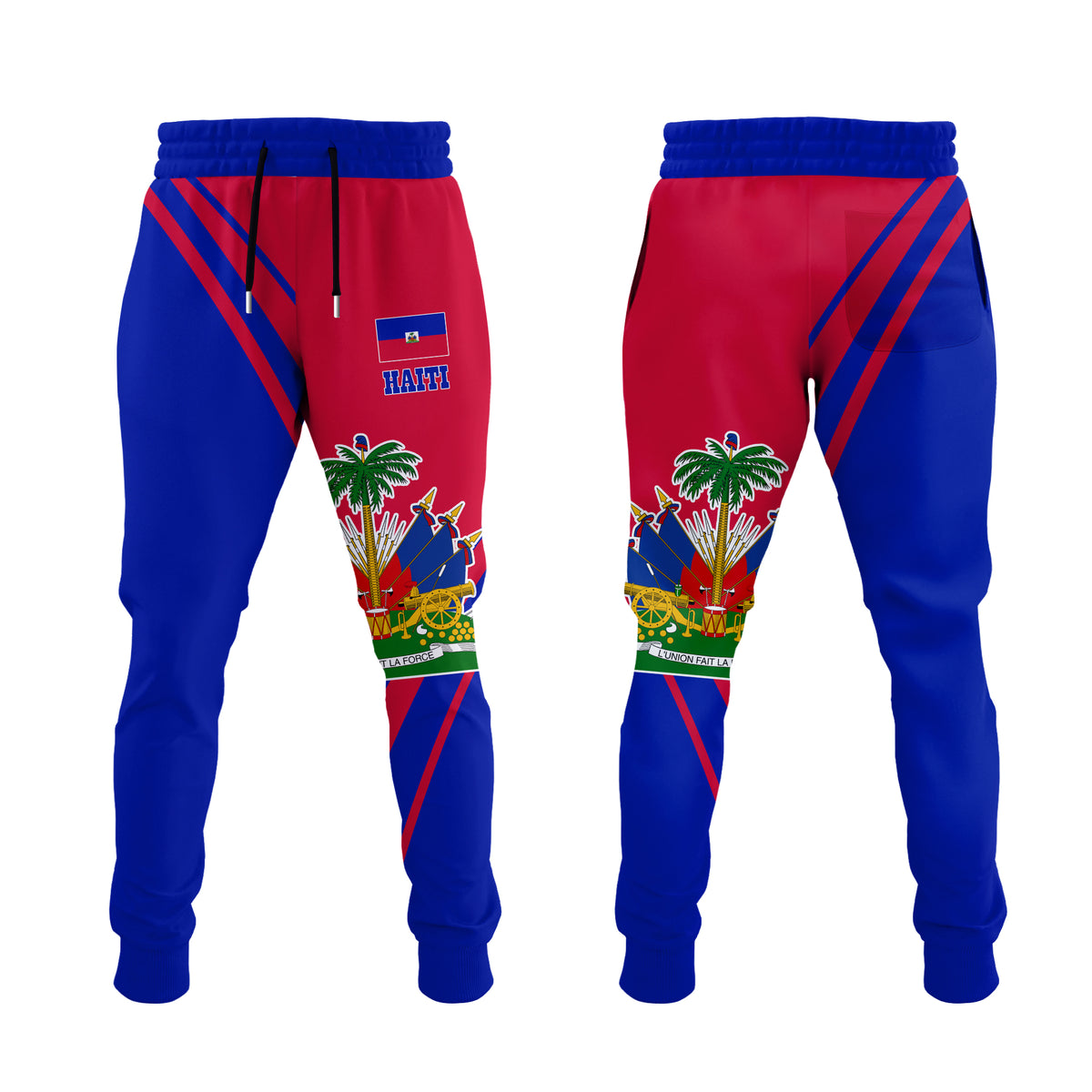 Red and blue Haiti graphic jogger pants with elastic waistband and drawstring, side print.