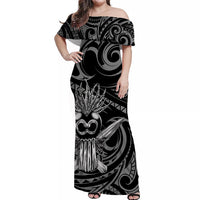 Off-shoulder maxi dress, black with white tribal warrior print, side profile