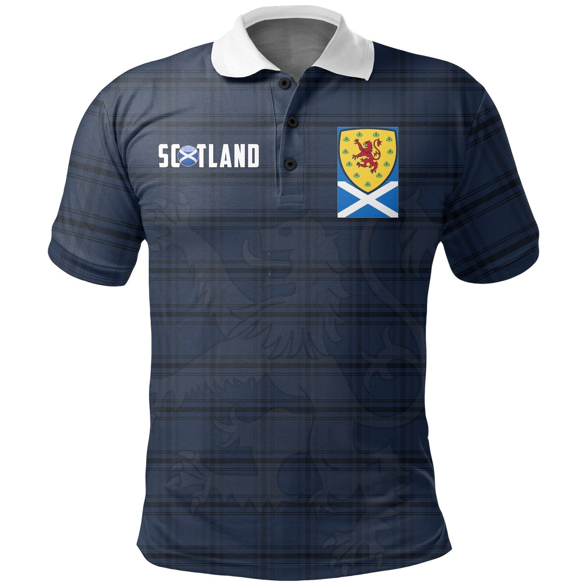 Navy plaid polo shirt with white collar; front Scotland crest graphic