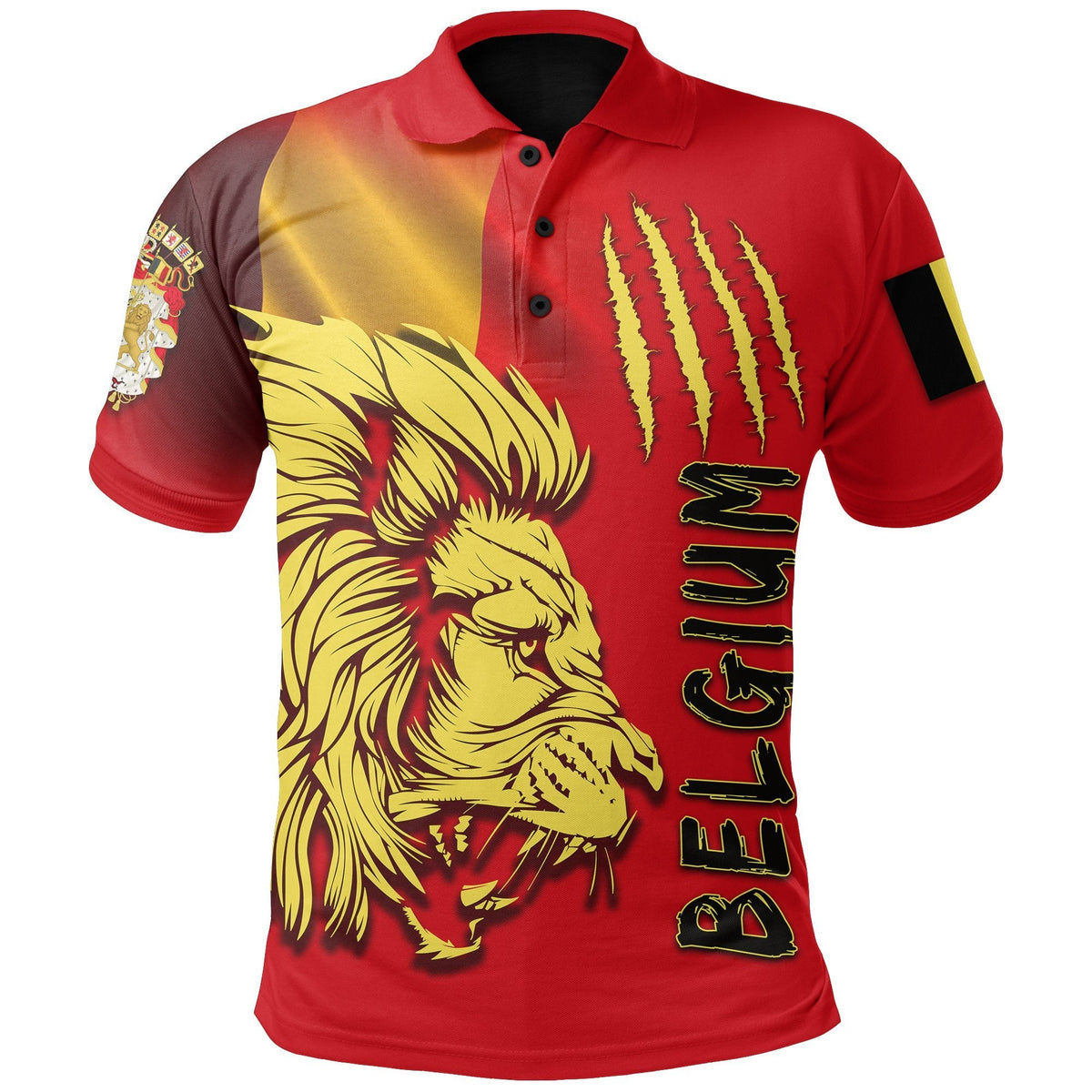 Red polo shirt with Belgium flag lion graphic, black collar and button placket
