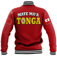 Red rugby baseball jacket back, ribbed striped hem and cuffs, large 'TONGA' crest