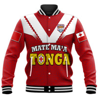Red rugby baseball jacket, white V yoke, ribbed collar, 'TONGA' logo front