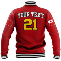 Red custom baseball jacket, ribbed striped hem, YOUR TEXT 21 on back