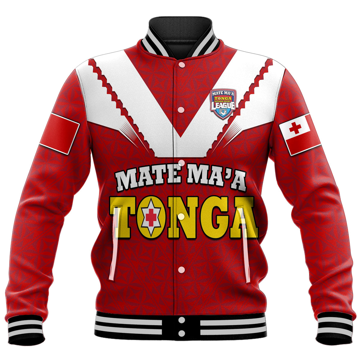 Red custom baseball jacket, striped collar, front crest and TONGA graphic