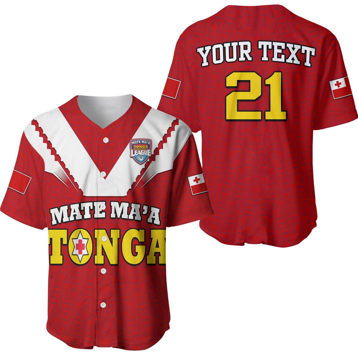 Red custom baseball jersey with white panels, 'YOUR TEXT' and large '21' on back