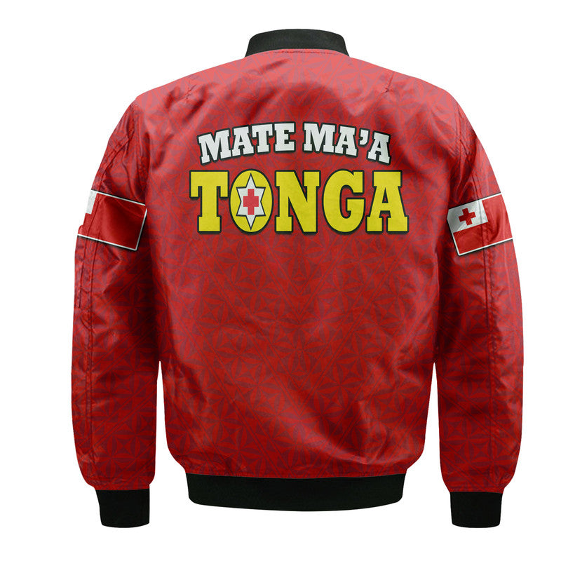 Back view of red bomber jacket with black ribbed hem, TONGA text and badge graphic
